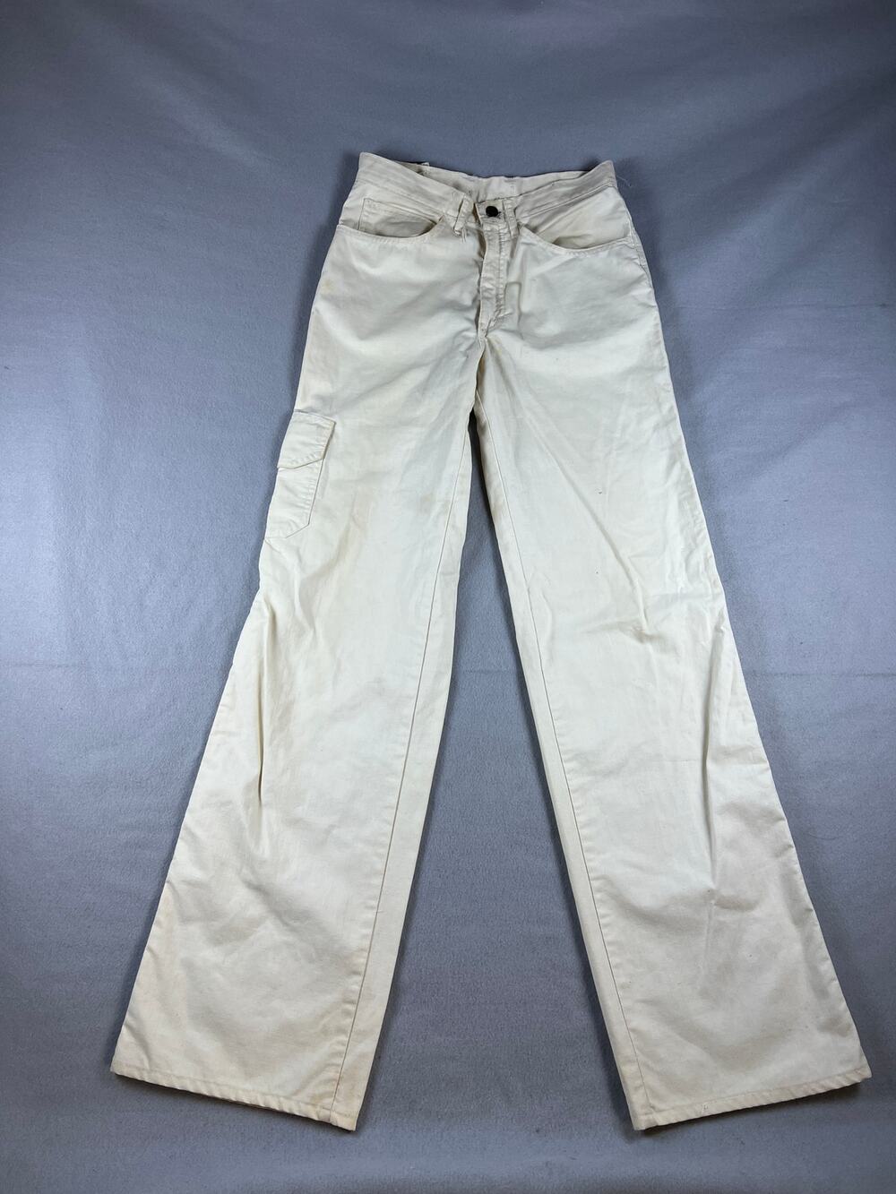 Vintage 70s Male Bell Bottom Jeans Mens 30 Cream Flared Cargo Pocket USA Made